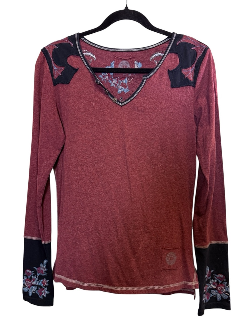 Double D Ranch Burgundy Long Sleeve V-Neck with Black Trim & Floral Embroidery